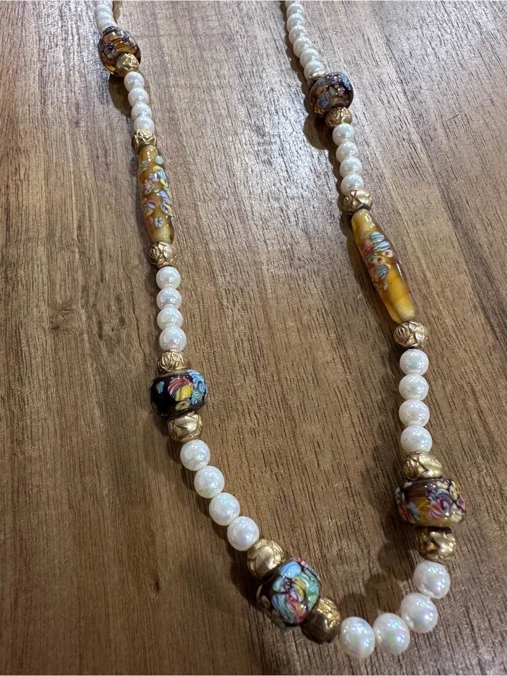 Vintage Venetian Style Millefiori Art Glass Faux Pearl Necklace 19” Gold Tone